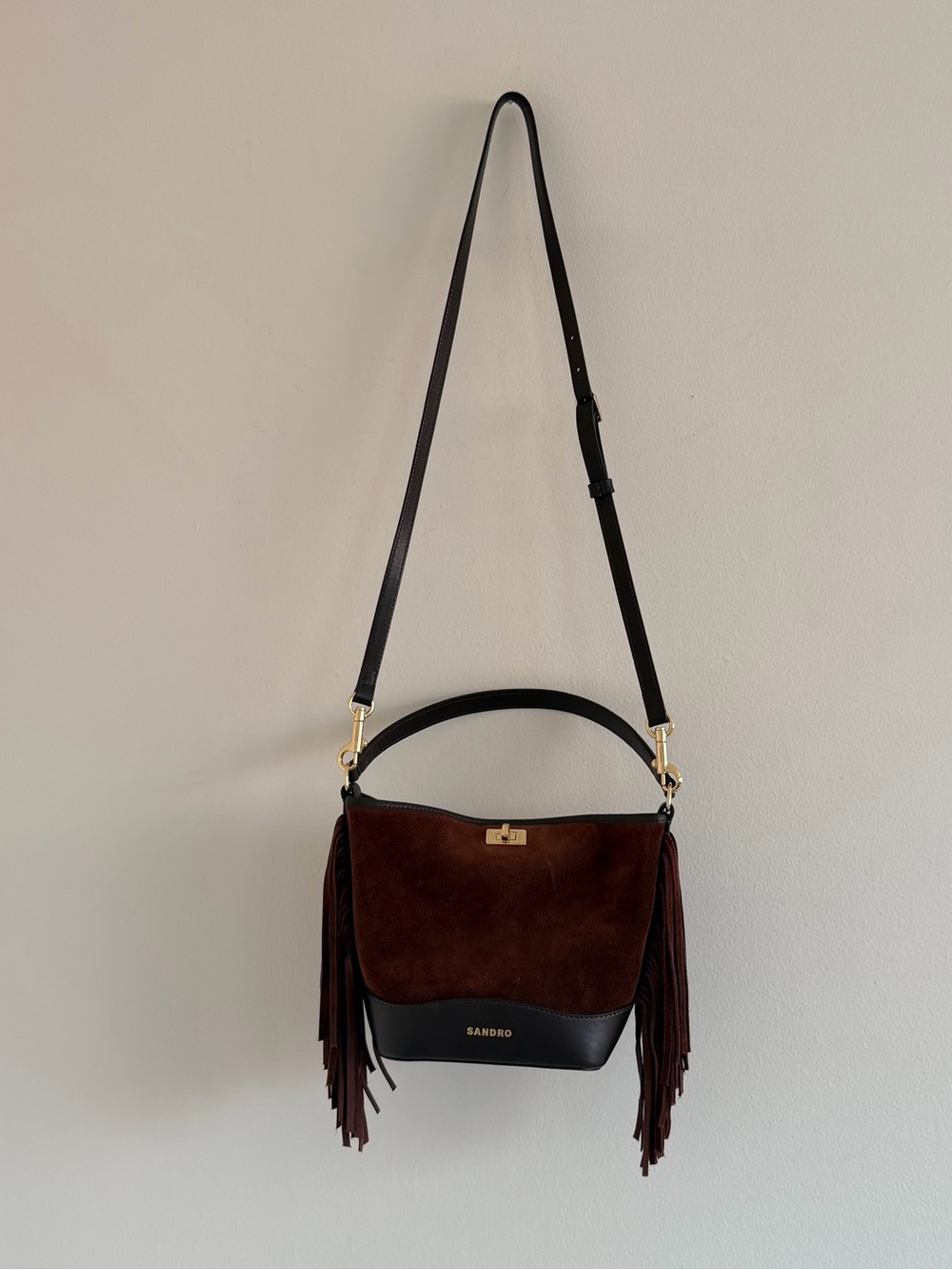Sandro mini Tangoso Dark Brown Suede Fringe Shoulder Bag - Picture 9 of 10